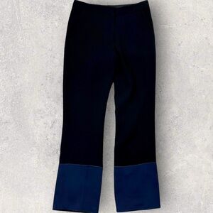 NWT Derek Lam Black Virgin Wool Crepe Trousers with Navy Blue Satin Trim Size 0